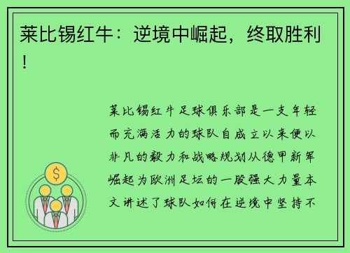 莱比锡红牛：逆境中崛起，终取胜利！